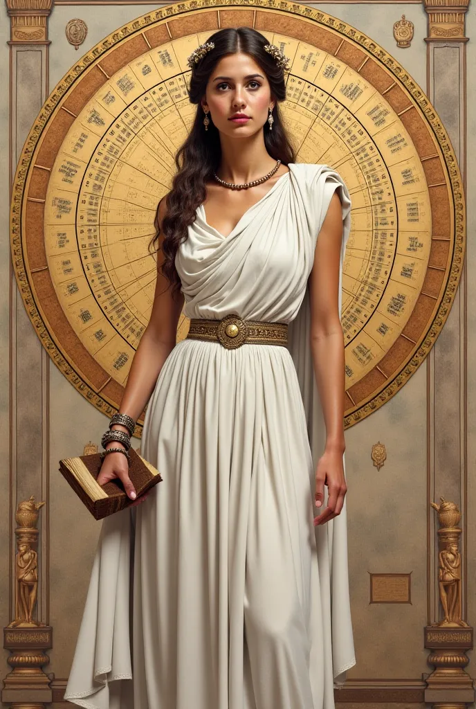 Create an image of hypathy of Alexandria. white robes from ancient Greece, a long sleeveless tunic. A bracelet on the left arm.Dark brown hair tied with a tiara on the head, a book in hand , and a background of the image must contain the astrolabe that she...