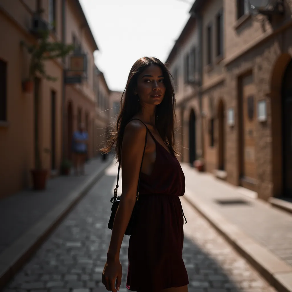  Professional photographic shot of a beautiful woman standing facing the camera with long, flowing black hair, wearing a loose summer dress in a deep wine color, a small crossbody bag hanging at her side, in a narrow cobblestone street in an old historic d...