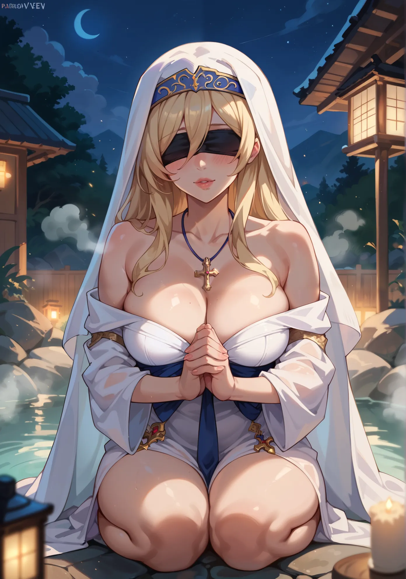 1girl, sword maiden, goblin slayer, blush, sexy pose, pale skin, full of details, blonde hair, blindfold, cross shaped necklace, old fantasy medieval hot spring, praying, steam, (night time:1.2), cinematic lighting, nsfw,