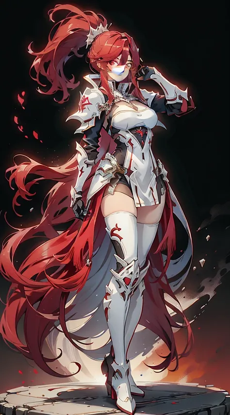 red tinted hair，White armor，long black gloves，black pantyhoses，Handsome standing with white boots