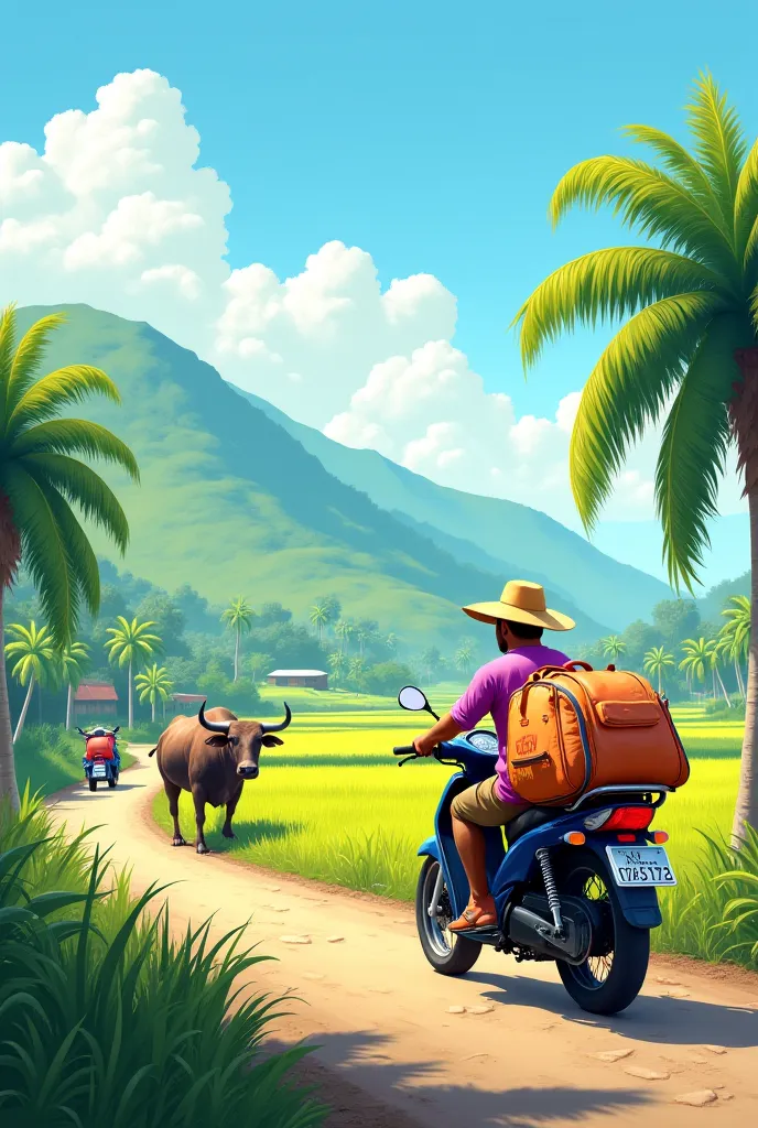 Describe a beautiful village,there is a hill,There are rice fields ,there's a coconut tree,there's a buffalo on the side of the road,And in the street there was a man in a hat riding a motorcycle with a big bag on his back to get home for the holidays, dig...