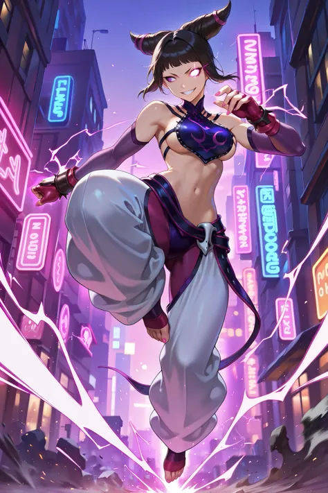 masterpiece,best quality, amazing quality, very aesthetic, 1girl, solo, juridgog , large breasts , detached sleeves , fingerless gloves , pink nails , toeless legwear , white baggy pants , bracelet , halterneck , battle , midair , kicking , motion blur , o...
