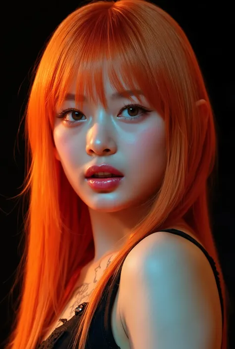 One girl、((tattoos)), Excellent anatomy, masterpiece, Highest quality,Realistic, hyperRealistic, 16k hdr,NSFW、Long orange Hair、Straight Hair、bangs、freckles、high school girl、Slender、Slender body、asian high school girl, huge breasts, cleavage, Lewd, horny, (...