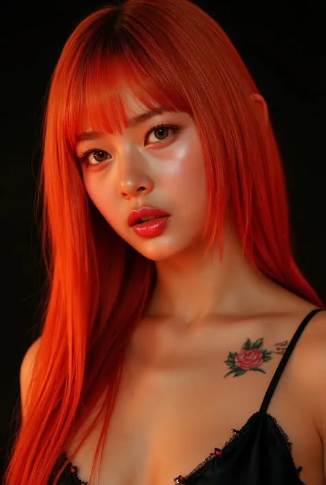One girl、((tattoos)), Excellent anatomy, masterpiece, Highest quality,Realistic, hyperRealistic, 16k hdr,NSFW、Long orange Hair、Straight Hair、bangs、freckles、high school girl、Slender、Slender body、asian high school girl, huge breasts, cleavage, Lewd, horny, (...