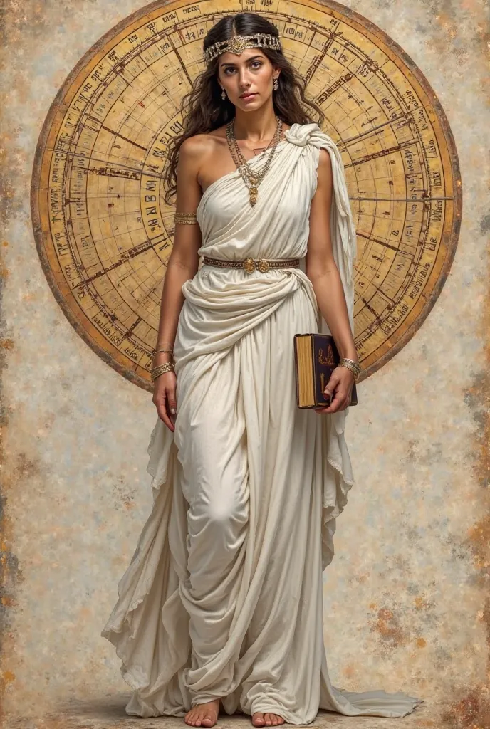 Create an image of hypathy of Alexandria. white robes from ancient Greece, a long sleeveless tunic. A bracelet on the left arm.Dark brown hair tied with a headband on her head, a book in hand , and the background of the image must contain the astrolabe tha...