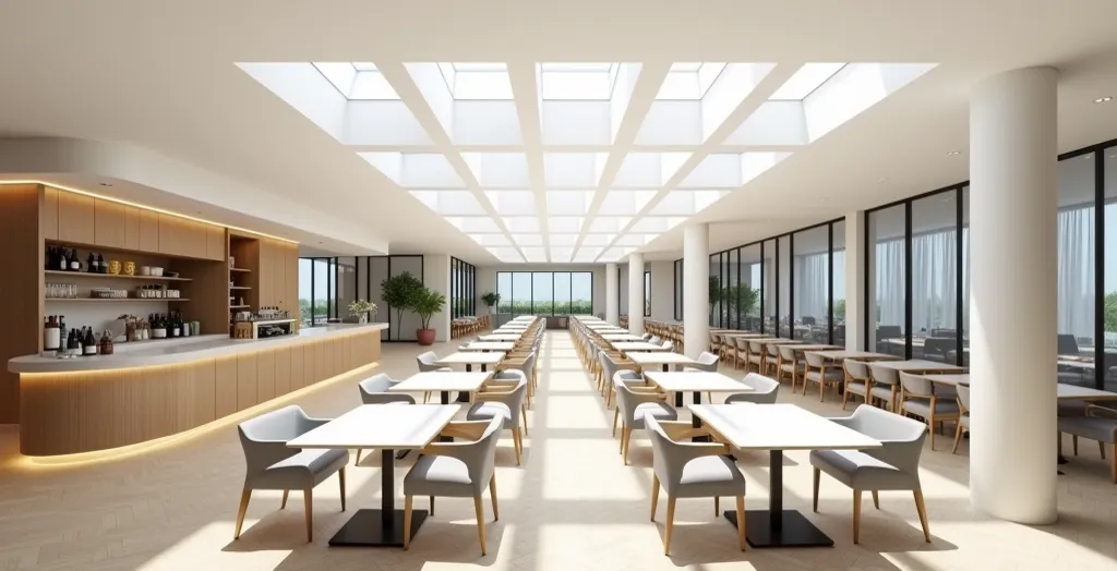 Un hôtel en france normandie, Espace déjeuner restauration avec comptoir bar avec un présentoir en partie haute, beaucoup de tables, chaises confortables, 
design, architecture, réaliste, minimalist, moderne,
((bois))
matérialité naturelle, perspective rec...