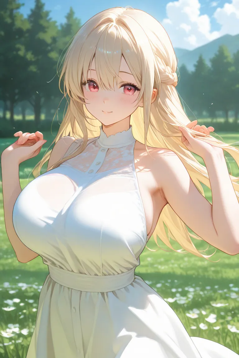 Anime girl with giant breasts in a white dress on the meadow