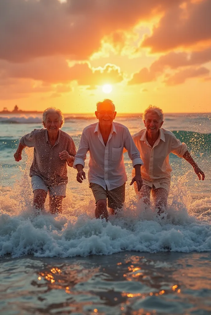 Create an ultra realistic photograph of old people playing on the beach at a wonderful sunrise and a sea of stunning colors