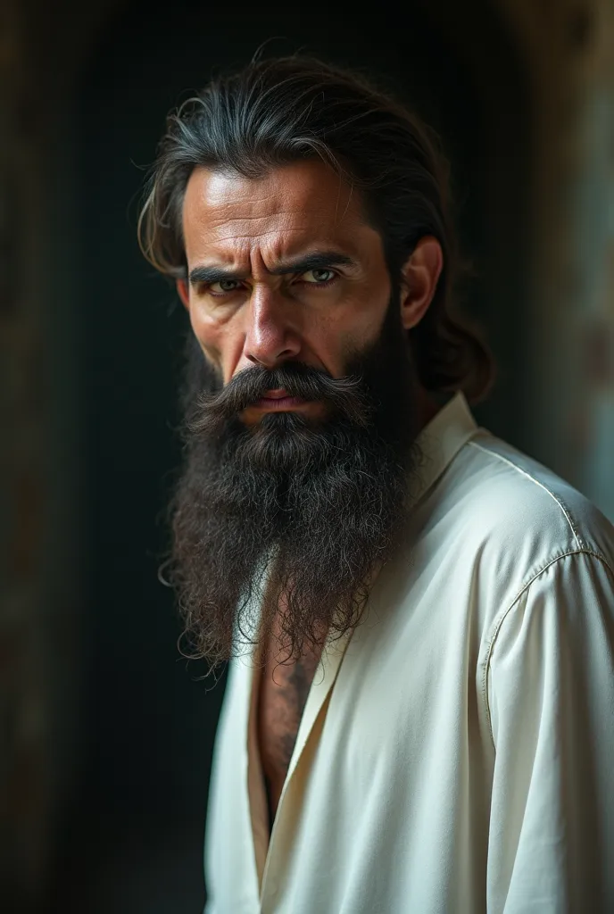 Arab man,beautiful,long beard,tanned skin,angry look,Frowl resolution, wearing a white robe,Arab clothes and in the background an old and dark fuzzy prison.masterpiece, Necessary, Anatomically correct, Awarded multiple times, pajamas, detail, HD model, det...