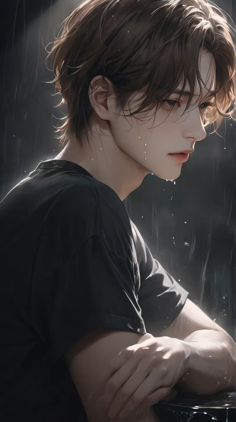 college students,  black background, man, alone, brown hair, black shirt, dark eyes, Dismal Atmosphere, Pastel tones, Hand drawn feel, handsome face, rough lines, Focus on the face, dreamy,  Atmospheric , Korean, super super super super realistic, Fantasy ...