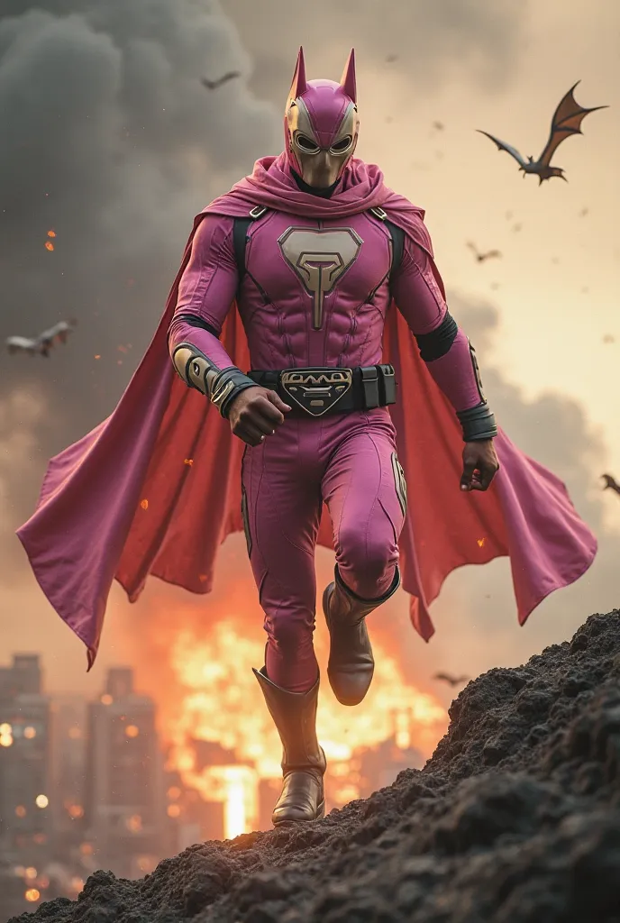 Malaysia man in high-tech suit, vivid effects, malaysian superhero(( (KELUANG MAN)) in a striking pink and brown beige costume cyberpunk design((, mask small mini bat ear beige,)) daredevil beige mask, jumpsuit dark pink stands confidently in a dramatic.ju...