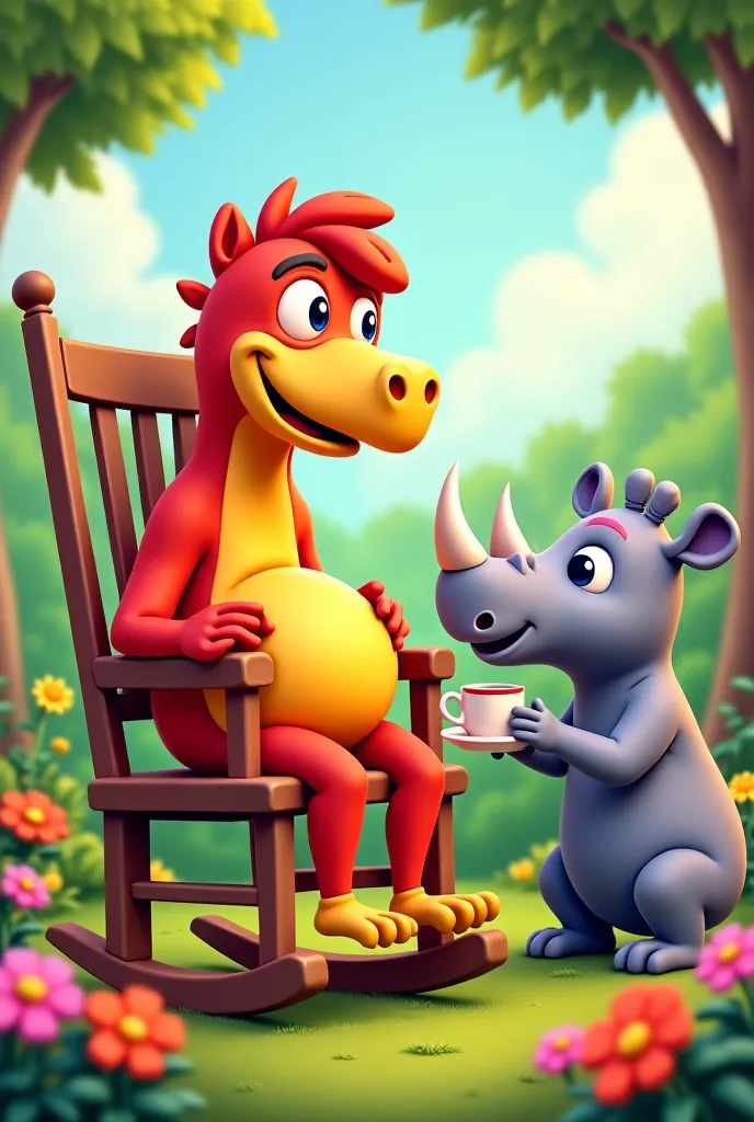 The Macaca,  now pregnant, sitting on a rocking chair in a tranquil garden, with the rhinoceros at your side,  holding a cup of tea.  The setting is serene ,  with flowers and trees in the background , creative cartoon style and vibrant colors.