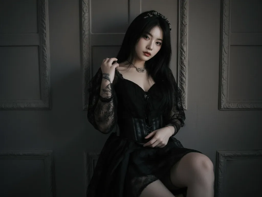 Woman draped in a black sexy dress posing for a photo., gothic girl red eyes aesthetic, pale gothic beauty, gothic aesthetic, cruel Korean,sexy gothic girl, with pale skin, x and beautiful amouranth, darkwave gothic aesthetic, gothic aesthetic, gothic horr...