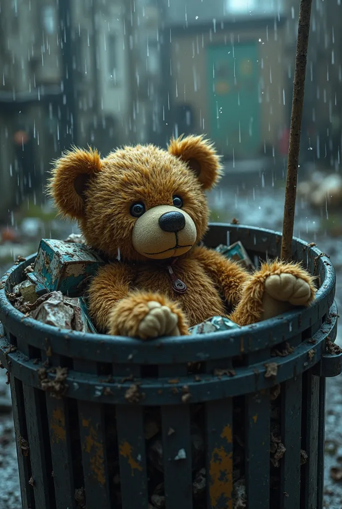 ultra realistic, masterpiece, absurdities, no human, 1 teddy bear, dirty, scratched, inside a trash can, lying in trash, dim, night, raining