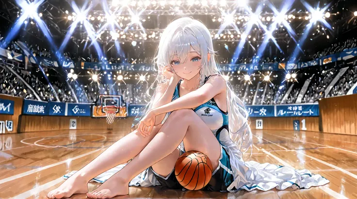 Alisa sitting on basketball wooden floor, folding legs, white hair, blue eyes, pick up the basket ball in his one hand, and one hand on the floor for balance support, she takes black basketball shorts dress, giving a cute smile, Beutiful, a Beutiful basket...