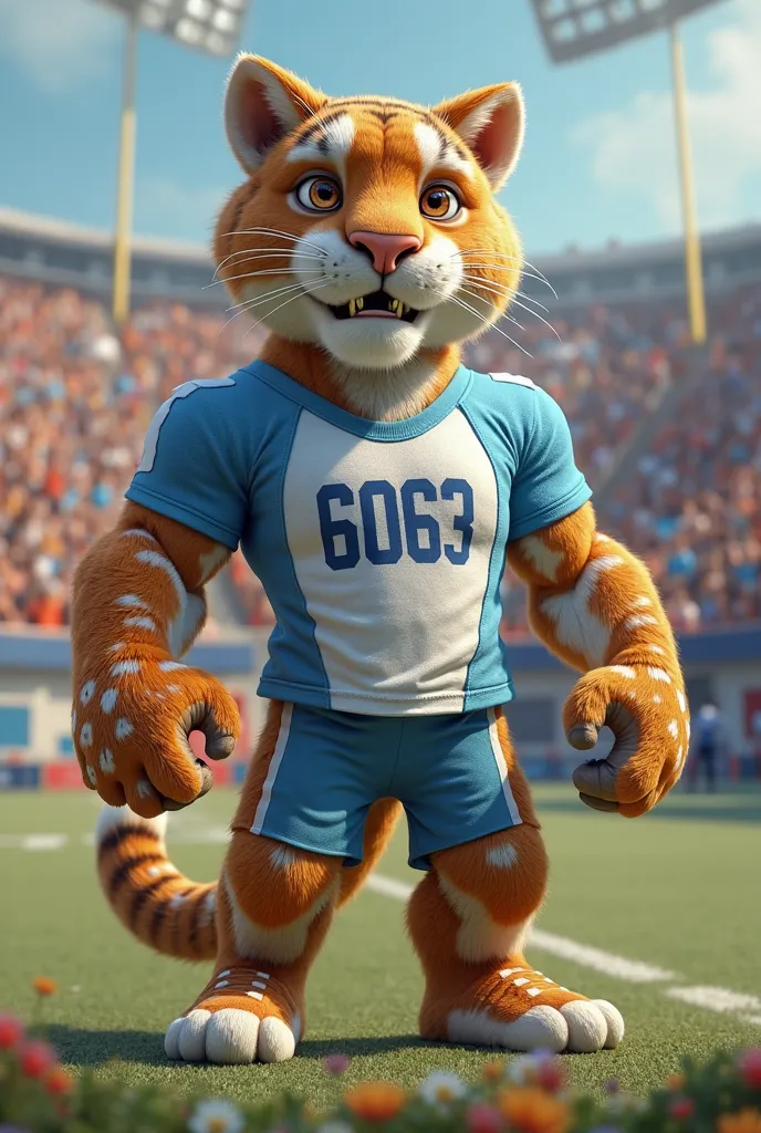 humanized puma school mascot with t-shirt in light blue and white colors with the number "6063" 