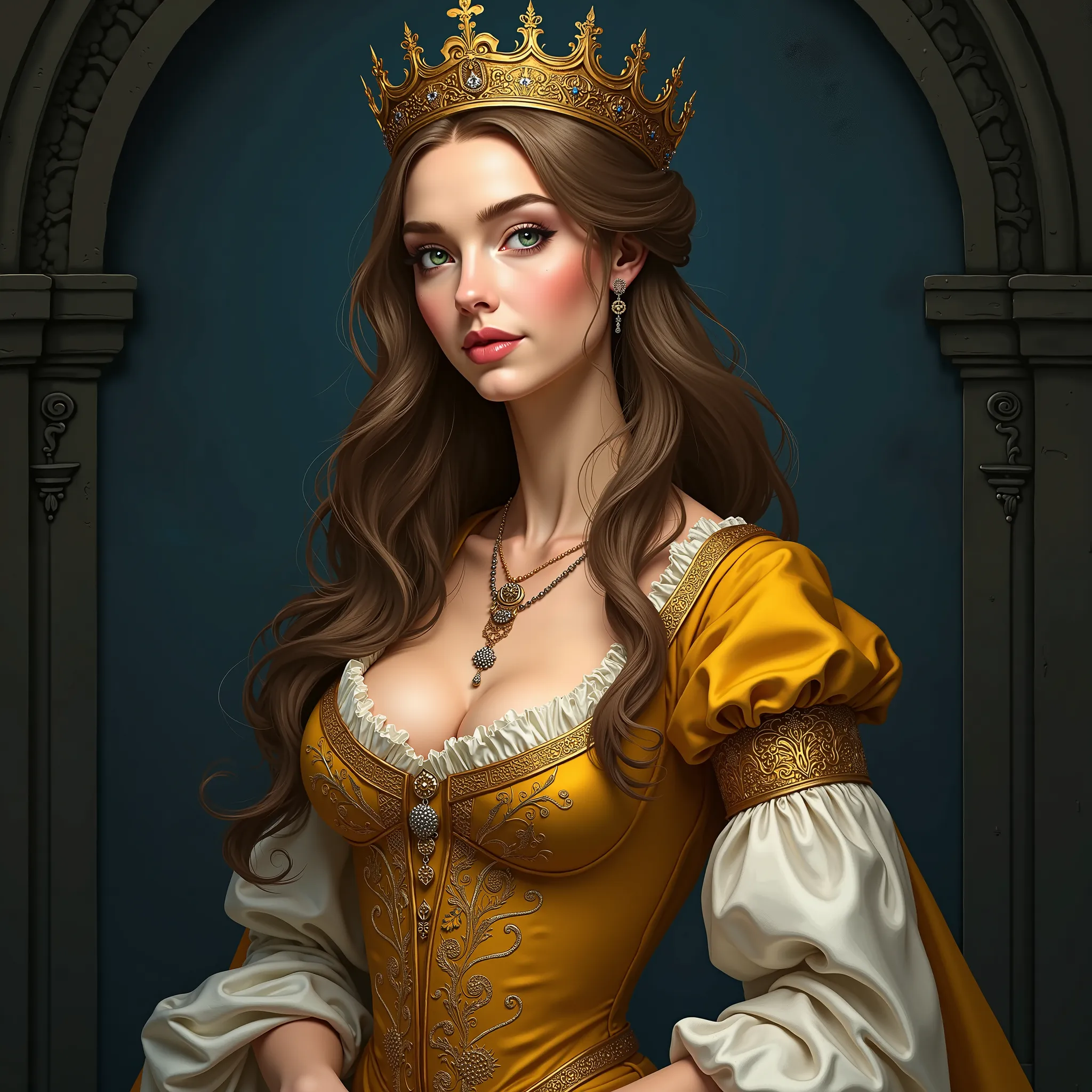 ( masterpiece), ( Best Quality : 1.1) ( ultra detailed )  illustration style , ( portrait: 1.1)  On a dark blue wall of an elegant and period castle RENAISSANCE , POSING STANDING SIDEWAYS WITH AN AIR OF SELF-CENTERED GRANDEUR AND SUPERIORITY ,  In her eyes...