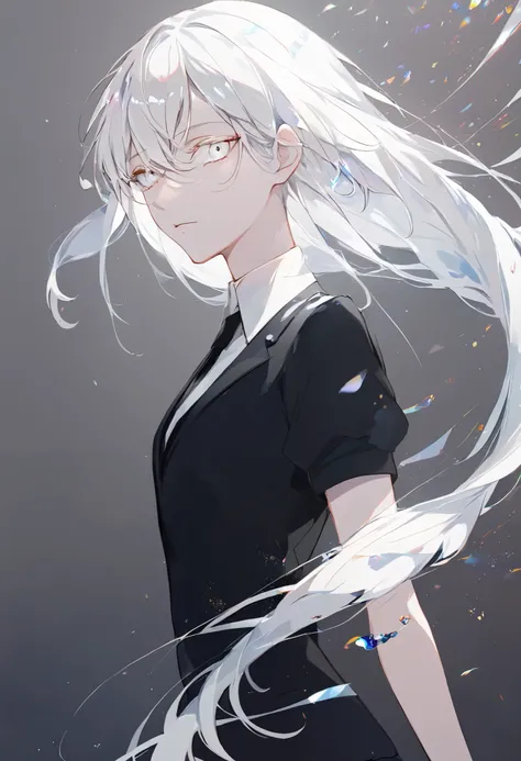 Beautiful, solo, long hair, white hair, silver eyes, white shirt, black suit, short sleeves, houseki no kuni