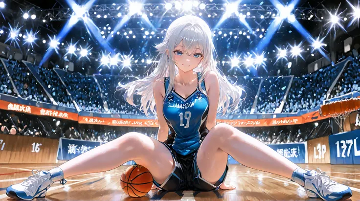Alisa sitting on basketball wooden floor, folding legs, white hair, blue eyes, pick up the basket ball in his one hand, and one hand on the floor for balance support, she takes black basketball shorts dress, giving a cute smile, Beutiful, a Beutiful basket...