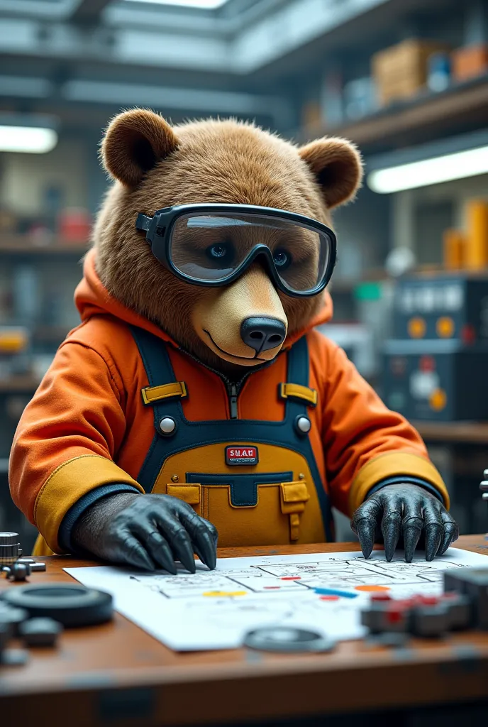 Generate an image where a bear is an engineer of 