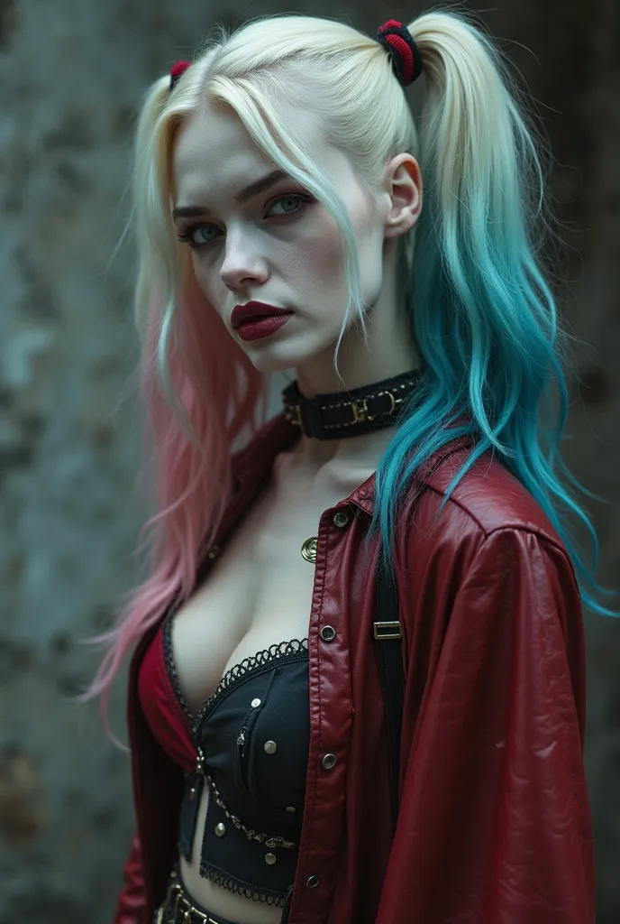 Close Up Model photo of attractive feminine Pale white skin tone Harley Quinn girl With a outfit with an opening in the Vampire world, Vampire background, gray environment, the image has a Artistic charisma, avoiding photographic errors.