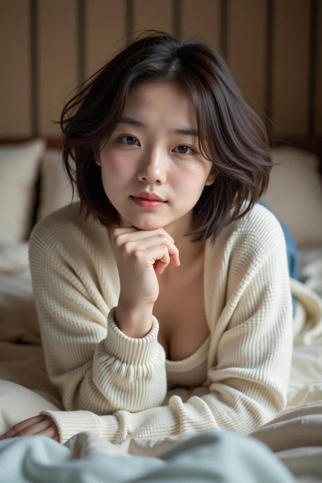 High quality,4K,Super Details,realistic,Professional grade  ,Bokeh,An Asian woman,lying on the bed,Surrounded by pillows ,20 years old, short messy hair ,Cardigan, pretty young Korean woman , The face of a beautiful Japanese woman,instagram,调皮 ,  blush,  ,...