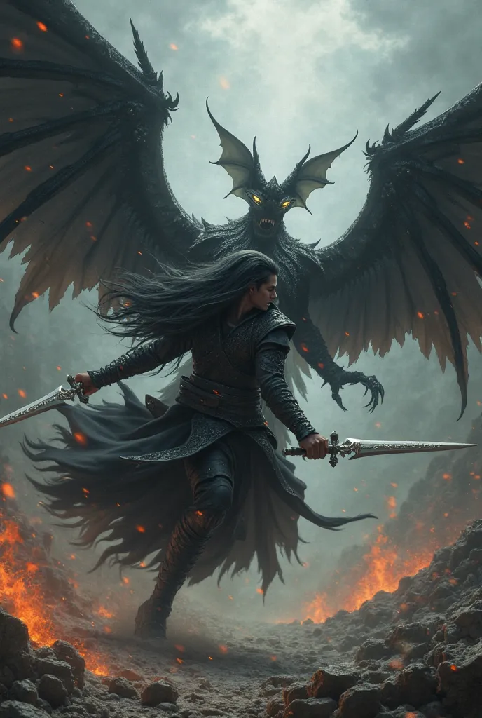 Male Half Elf Long Haired Black Coat RPG. black wings.A beautiful woman is fighting a devil　dynamic pose across the camera