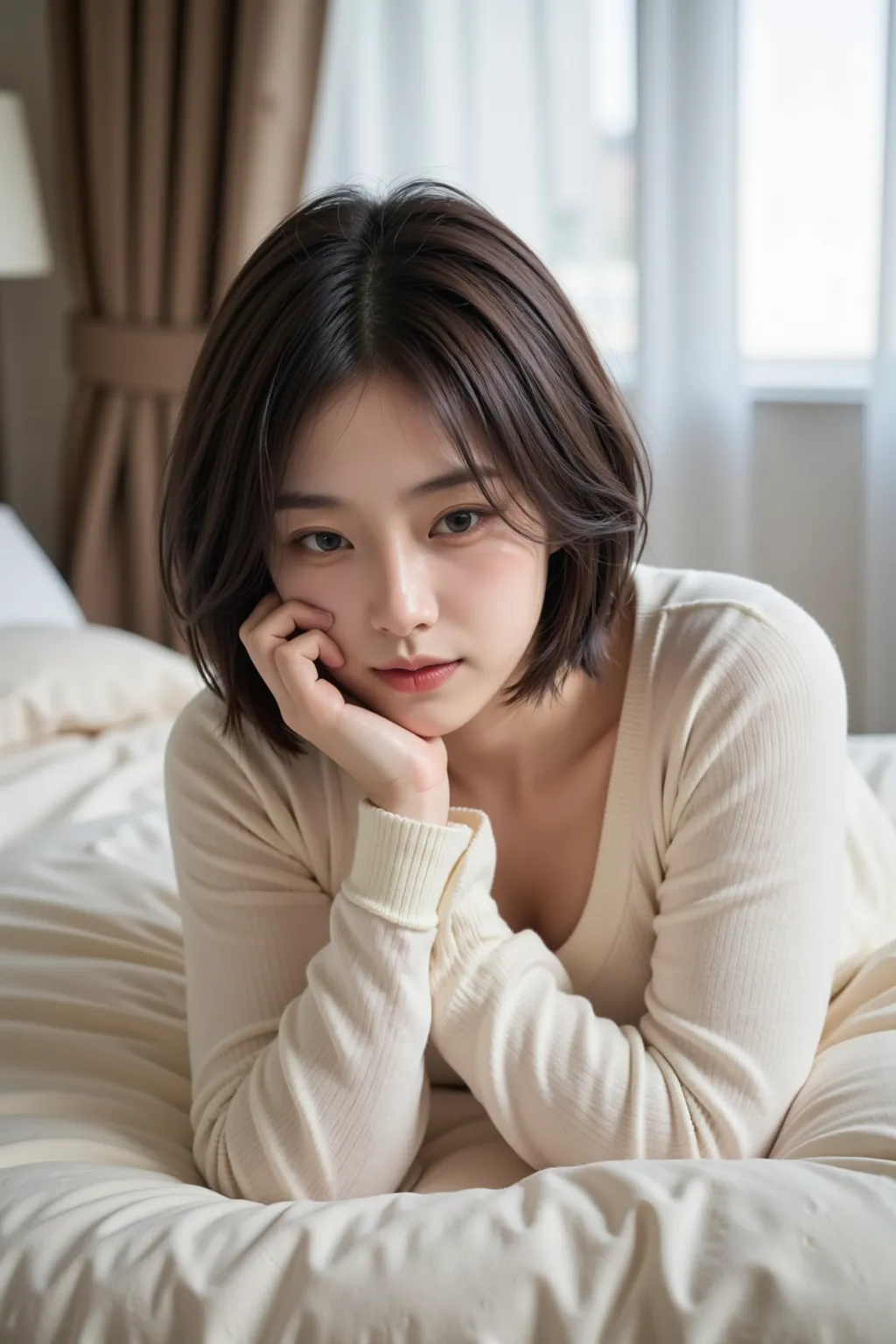 High quality,4K,Super Details,realistic,Professional grade  ,Bokeh,An Asian woman,lying on the bed,Surrounded by pillows ,20 years old, short messy hair ,Cardigan, pretty young Korean woman , The face of a beautiful Japanese woman,instagram,调皮 ,  blush,  ,...