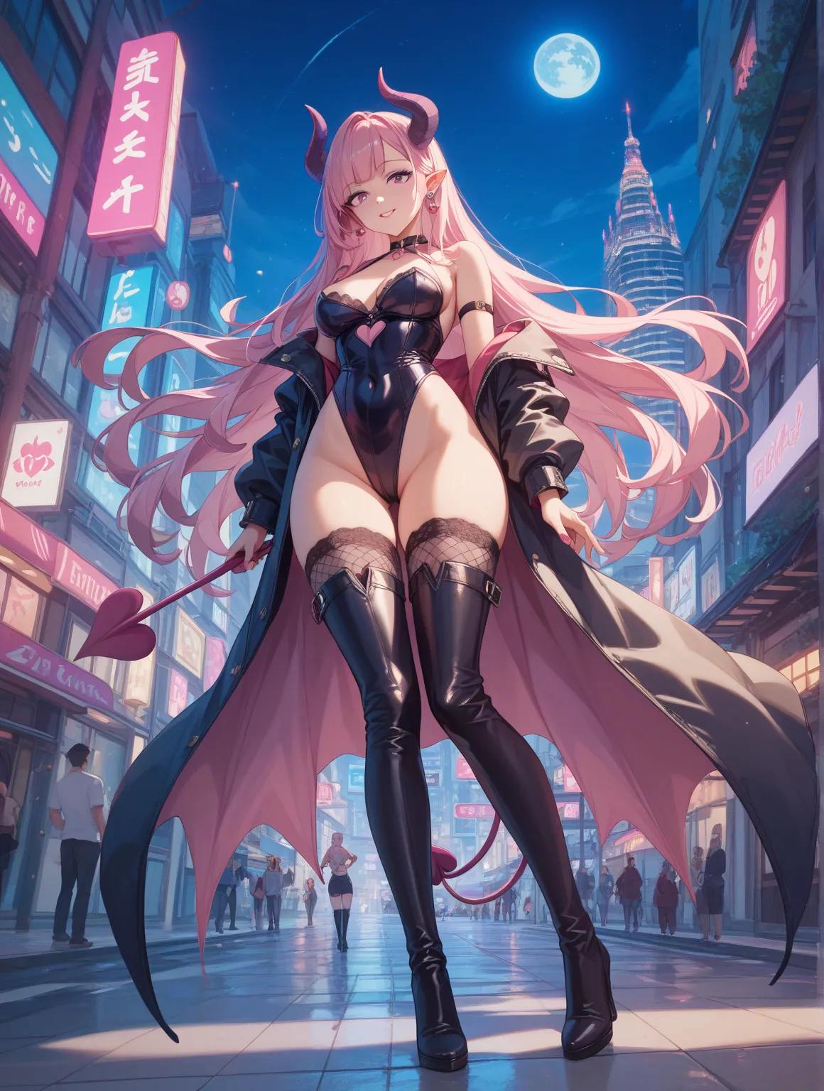 One Woman、pink long hair、purple eyes、succubus、leotards、Thigh to Thigh Stockings、Thigh-high boots、 night city、masterpiece、top quality、High Resolution、illustration for both eyes、is standing、full body