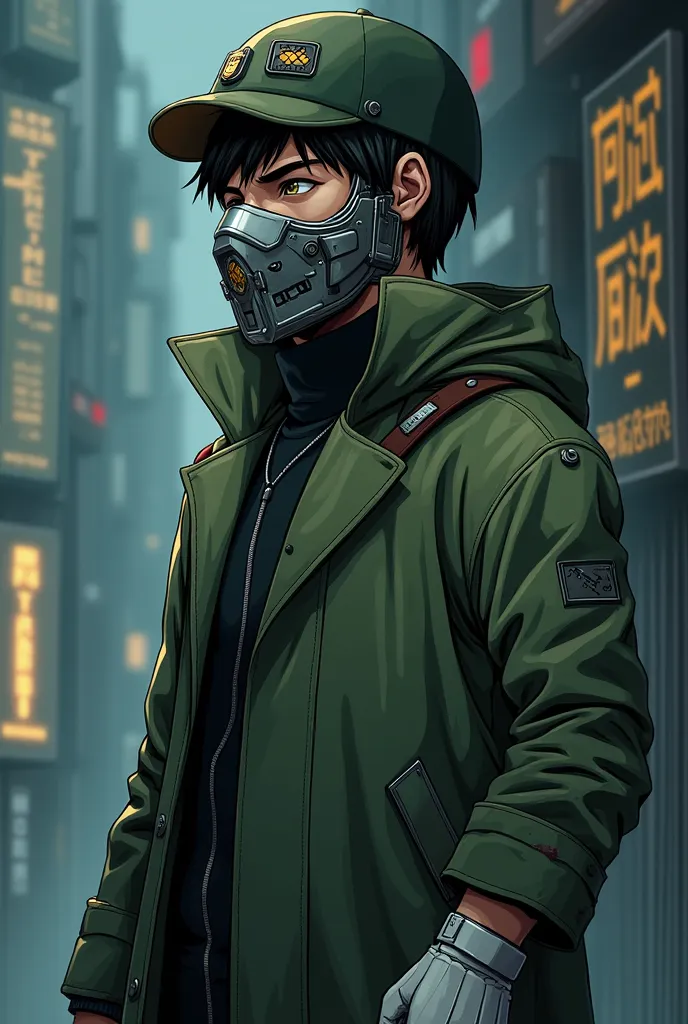 Create in anime style, a computer chip from a military agent. A man in a trench coat that looks like a metallic green raincoat. There are two images of him on the file, on the left he is wearing a metallic and technological mask, your short black hair and ...