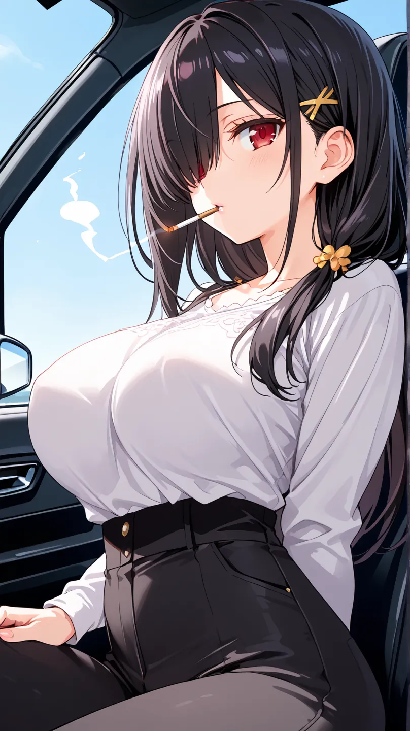 inside car, Score_9, score_8_up, score_7_up, score_6_up, source_anime, rating:general, 1girl, beautiful woman, beautiful body, mature, curvy, smoking, no bra, random sexy pose, slut, 1 girl, kurumi tokisaki casual, long hair, black hair, red eyes, wearing ...