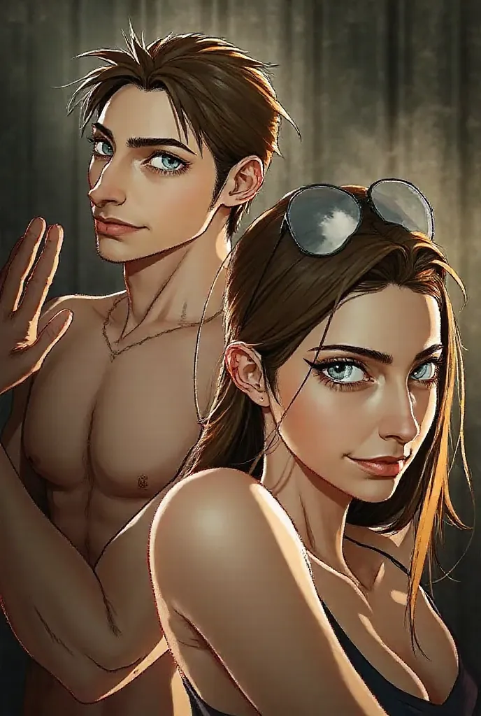 Male-Female Twins, dark brown hair, Gray eyes, Tanned skin, Handsome man, cool girl