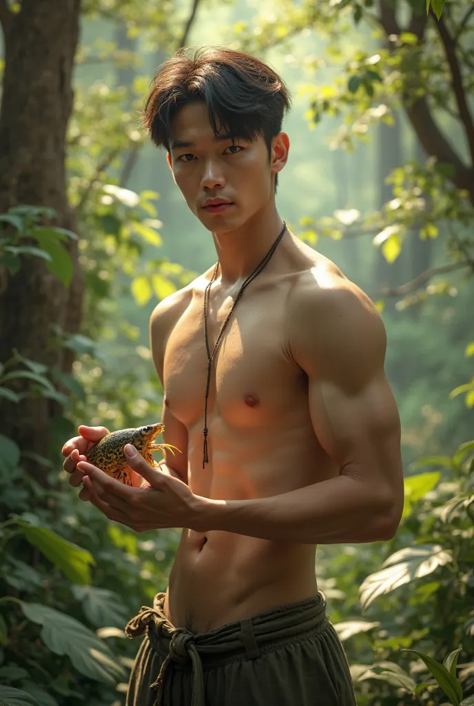 Young handsome Chinese undressed with crayfish standing in the forest