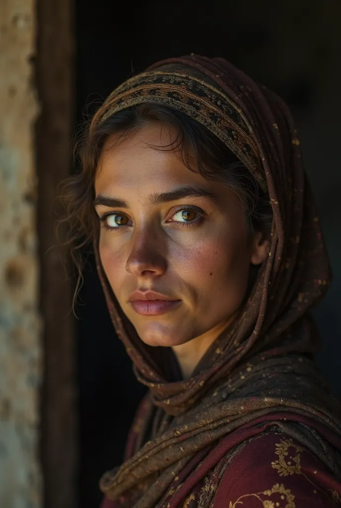 (Close-up, editorial photo of a 21-year-old woman) 6th century AD walking on the banks of the Euphrates River at Qurna, (highly detailed face: 1.4) (smile: 0.7) (dark, moody interior background, private study: 1.3) Point of view, by Lee Jeffries, Nikon D85...