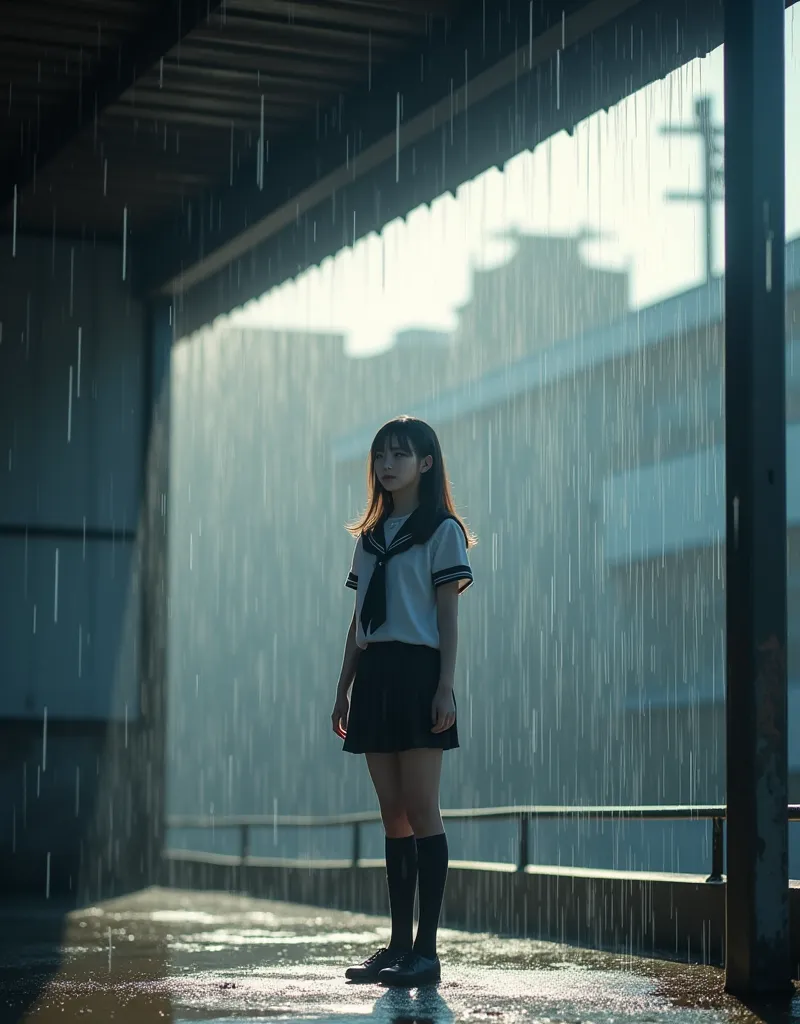 Rain is dripping from the roof、 female student in uniform 、Water drops dazzling、Fine Textures 、realistic depiction、4K High Quality、realistic、Bokeh、movie light、Art Photography、Beautiful Color Palettes、Calm Atmosphere、The space under the roof is dry