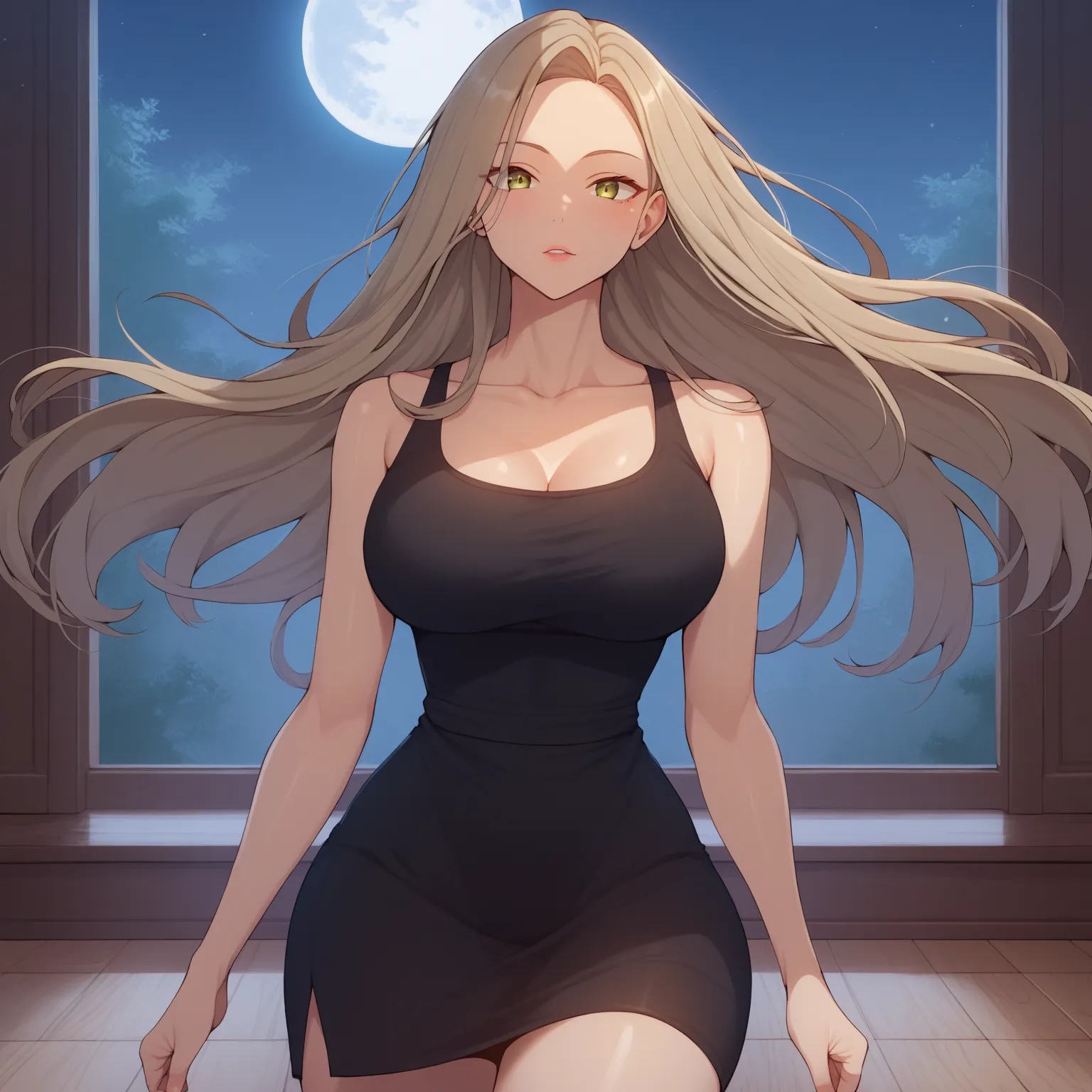 masterpiece, top quality, amazing image quality, 1 girl who died, Alone, scdef, Cha Miah, long hair, brown eyes, blond hair, light brown hair, floating hair, , collarbone, big breasts, wide hips, beautiful eyes,  Detailed Background, Black mini skirt and s...