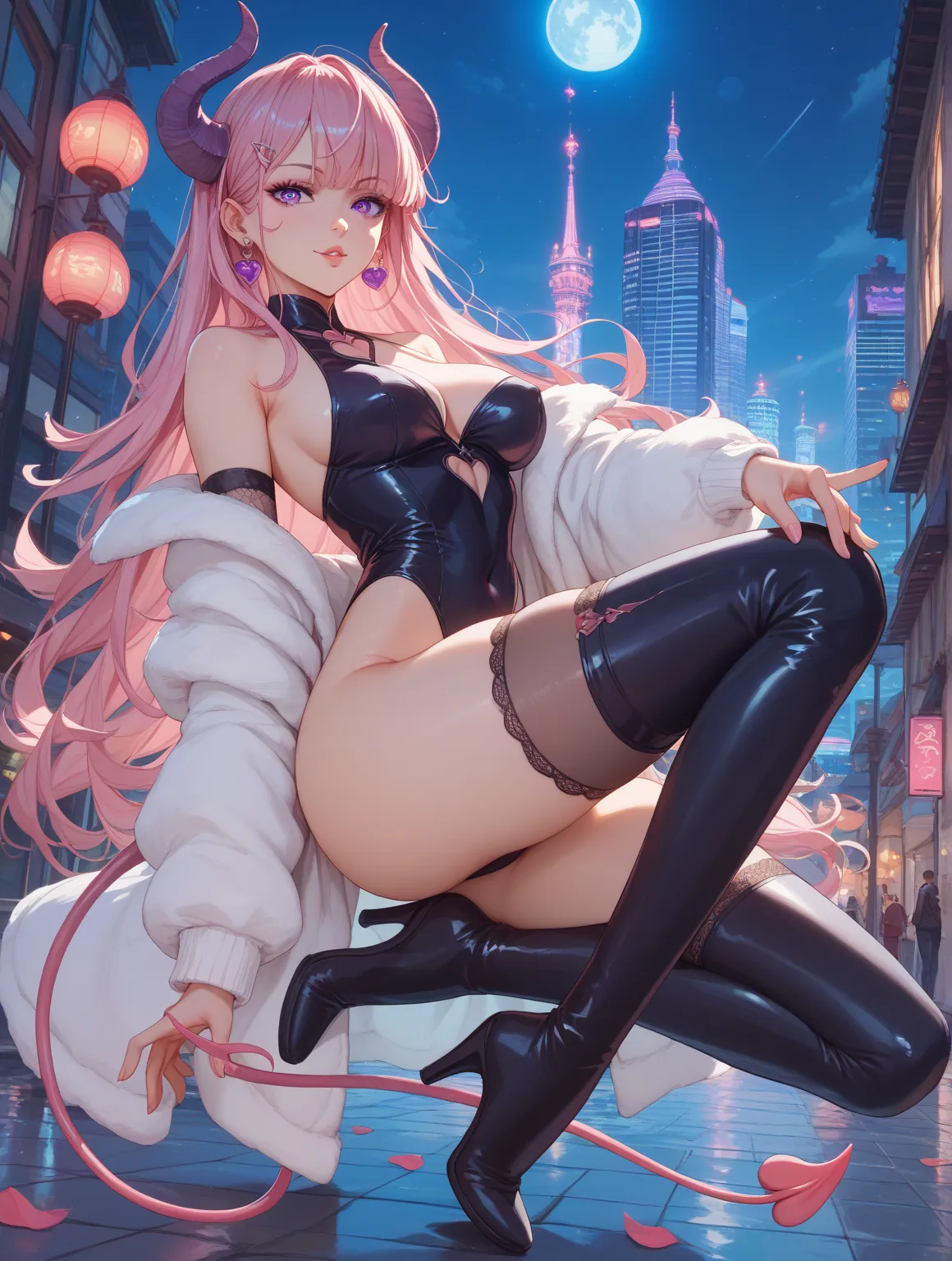 One Woman、pink long hair、purple eyes、succubus、leotards、Thigh to Thigh Stockings、Thigh-high boots、 night city、masterpiece、top quality、High Resolution、illustration for both eyes、one man、full body