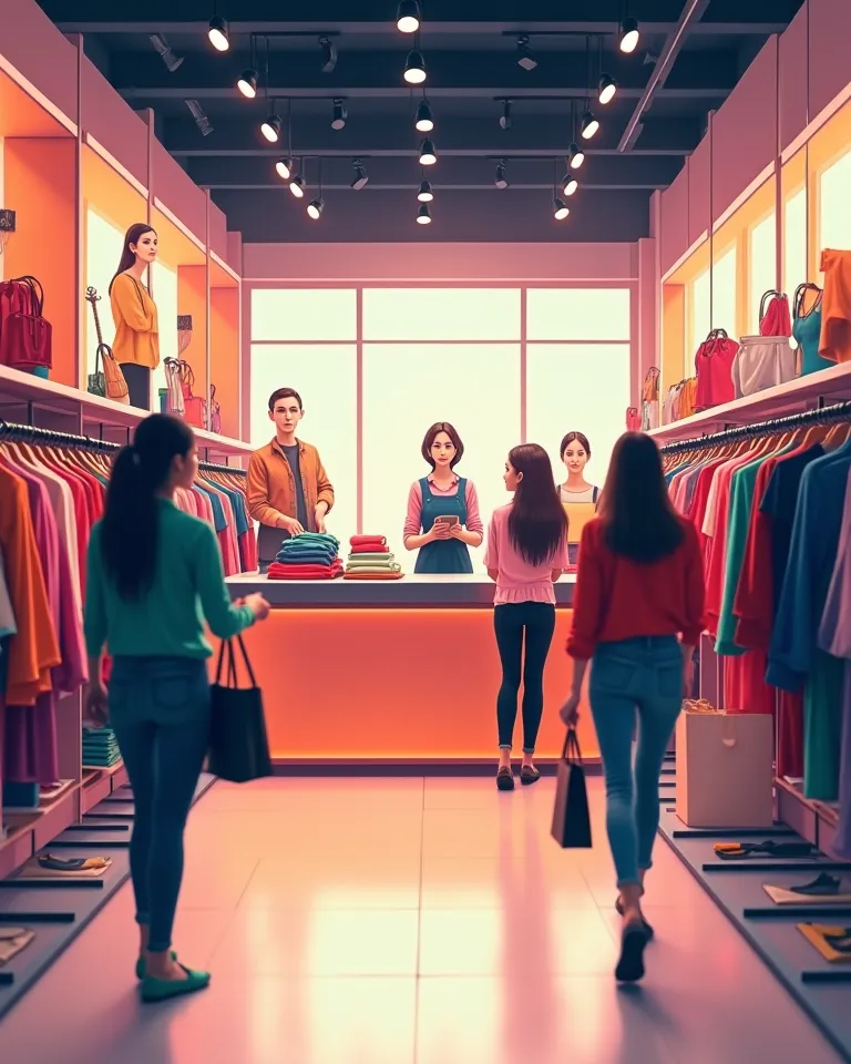 Photo of Fast Fashion's chain store like H&M and Zara. We see a saleswoman at the counter and the store full of beautiful clothes, mannequins and some customers with bags in their hands