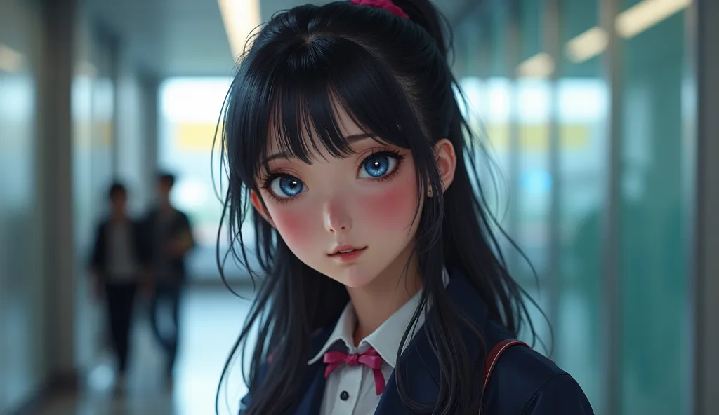 Digital portrait of a 16-year-old Japanese girl, with an iconic and expressive face. She has big, bright blue eyes, full of emotion and depth. Her hair is dark, long and styled in a modern and sophisticated way, slightly wavy or in a trendy ponytail. Her o...