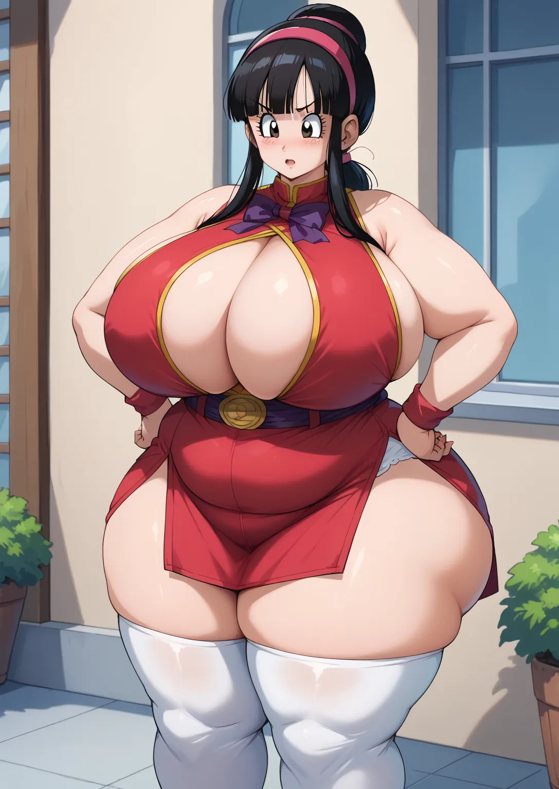 Dragon Ball　Chichi, long hair,   black hair,  low ponytail, side lock,  has a red hair band ,   dark eyes,  super huge huge breasts thick thighs long white stockings,　 sleeveless ,  red pants , Red Belly Band  ,  red wristband ,  side slits when it comes o...