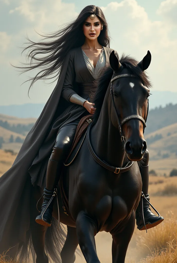 A very realistic picture of a woman with long hair riding a black horse