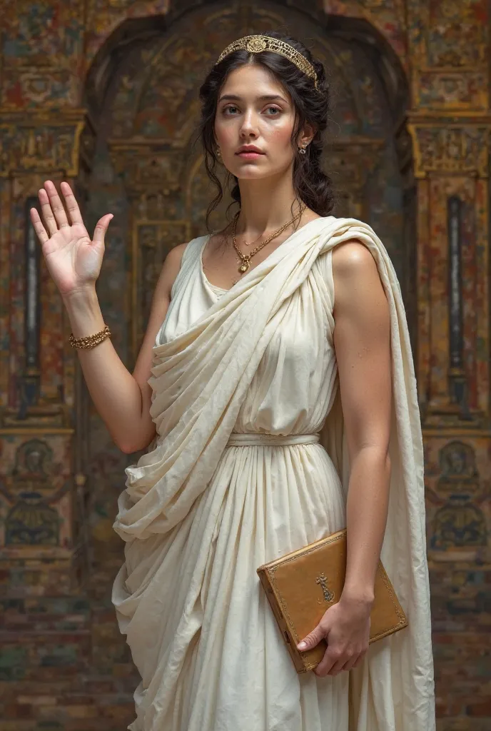 Create an image of hypathy of Alexandria. in greek statue style. She must have her hand raised as if she were giving a speech.white robes from ancient Greece, a long sleeveless tunic. A bracelet on the left arm.Dark brown hair tied with a tiara on her head...