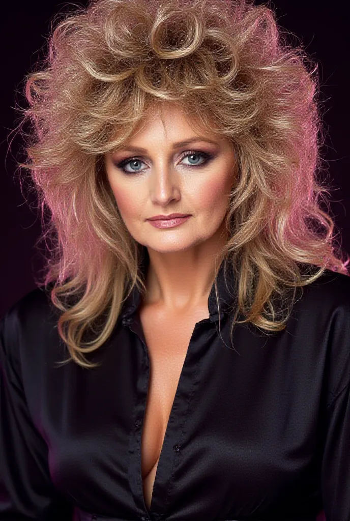 Bonnie Tyler,head shot portrait wearing shiny black satin shirt