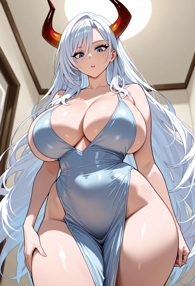 ((1 girl)) ((Adult)) , ((Big breasts)) , ((very tall)) ((+2. 30 meters)) ((wide hips)) ((big butt)) ((anime)) A beautiful woman with white hair, blue eyes, beautiful eyelashes, red horns. Bulky, super sexy body, with big breasts, big butt, and big hips, 2....