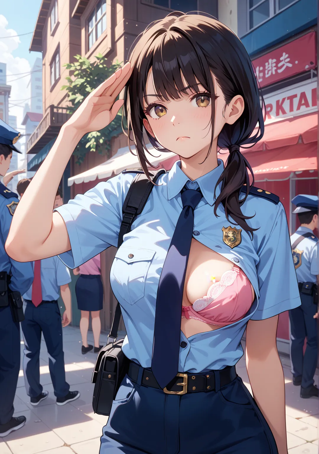 nsfw,girl,glamorous,straight hair,medium hair,black hair,brown eyes,One breast is coming out,One nipple is coming out,indoor,crowd,policewoman,salute,white button-up shirt,low ponytail,pink bra with the head on the ground,Wireless machine,frown,dark blue n...