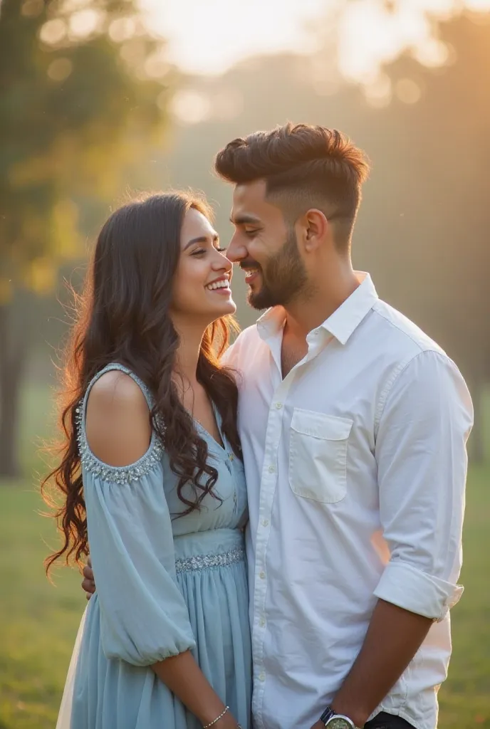 Create an image of a couple, Afshan and Ihtisham, standing together in a romantic outdoor setting, with soft lighting and a peaceful background. The couple should look happy and connected, with Afshan wearing a light blue dress and Ihtisham in a casual whi...