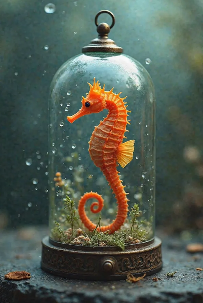 Little orange seahorse in a cage