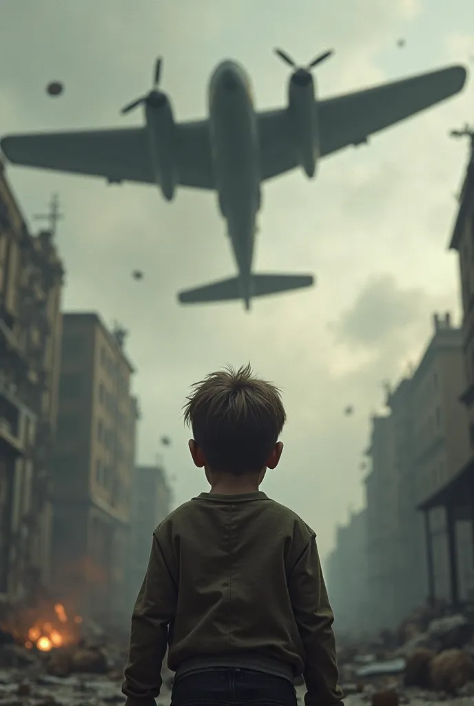 World War II , a boy watching a German plane