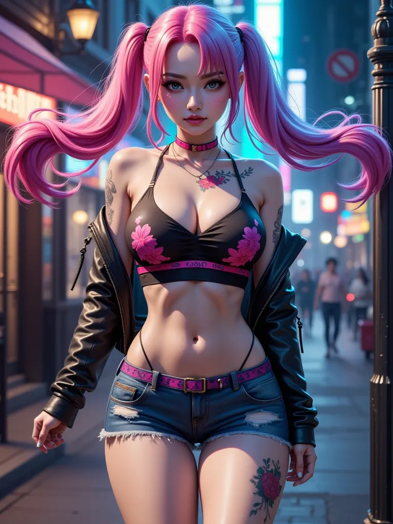 1 girl who died, High Resolution, HD Model, Harley in Villains: Midnight NY Twin Tails，pink and light blue colorful hair color，flashy colored outfits，Floral Tattoo，downtown at night， torn t-shirt、A short leather jacket in a flashy color， flashy makeup