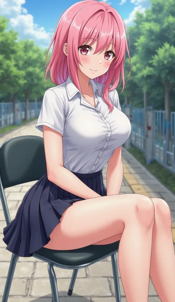 Anime Beautiful woman with big breasts, sexy schoolgirl, pink hair, white short-sleeved t-shirt, collared shirts, big breasts, big buttocks, exaggeratedly short dark blue pleated miniskirt, showing a bit of her buttocks, sitting on a chair, crossing one le...